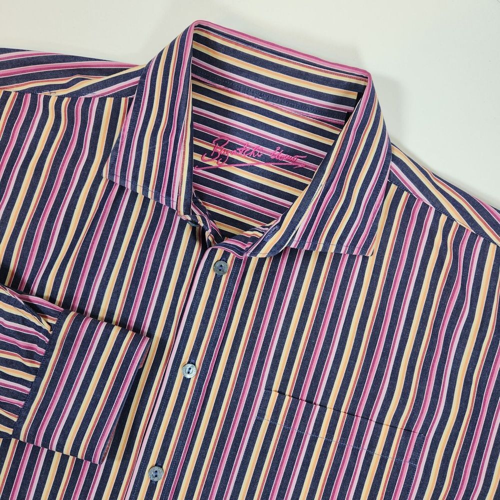 Bugatchi Uomo Shirt Mens 2XL Navy‎ Pink Orange Stripe Button Up Long Sleeve